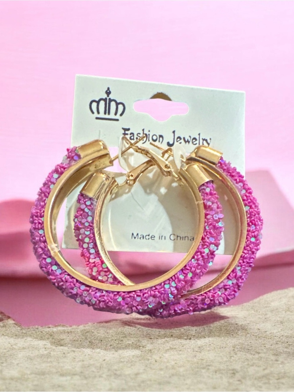 Fashion Jewelry Gold Hoop Earrings with Pink Beaded Accents